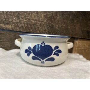 Vintage Soup Bowl Crock Dip Signed NCE 1986 Blue Heart Double Handle
